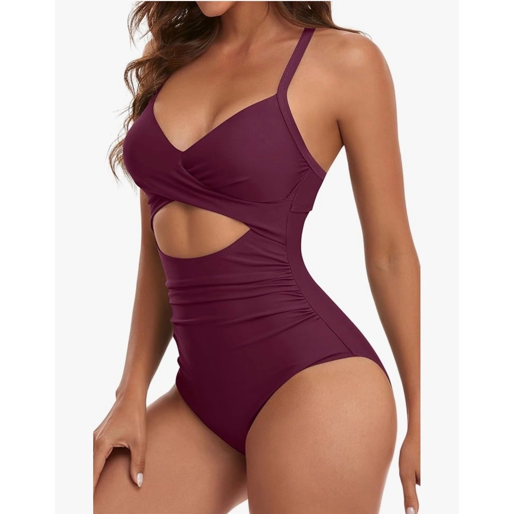 Eomenie Womens Burgundy One Piece Swimsuit Twist Front Cutout Ruched Monokini M